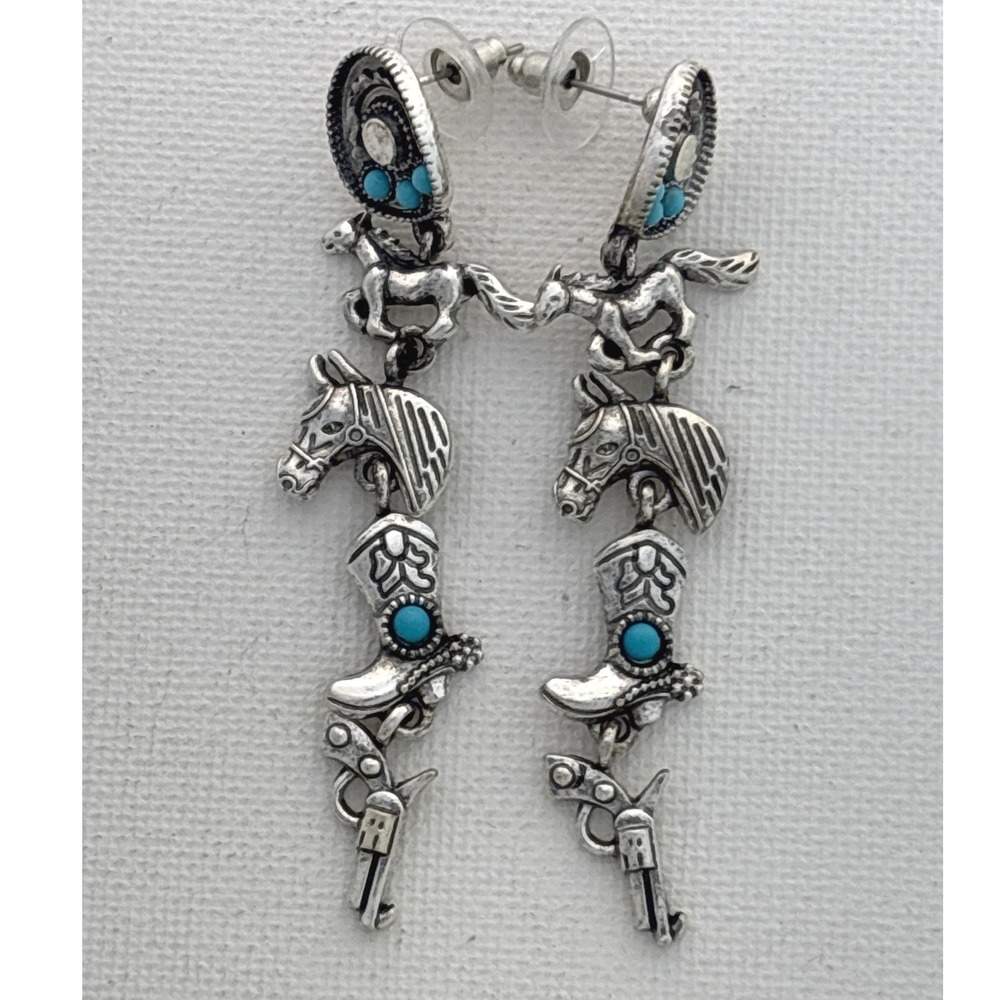 Earrings Silver Tone Turquoise Western Horse Boot Pistol Post Dangle New - Picture 2 of 4